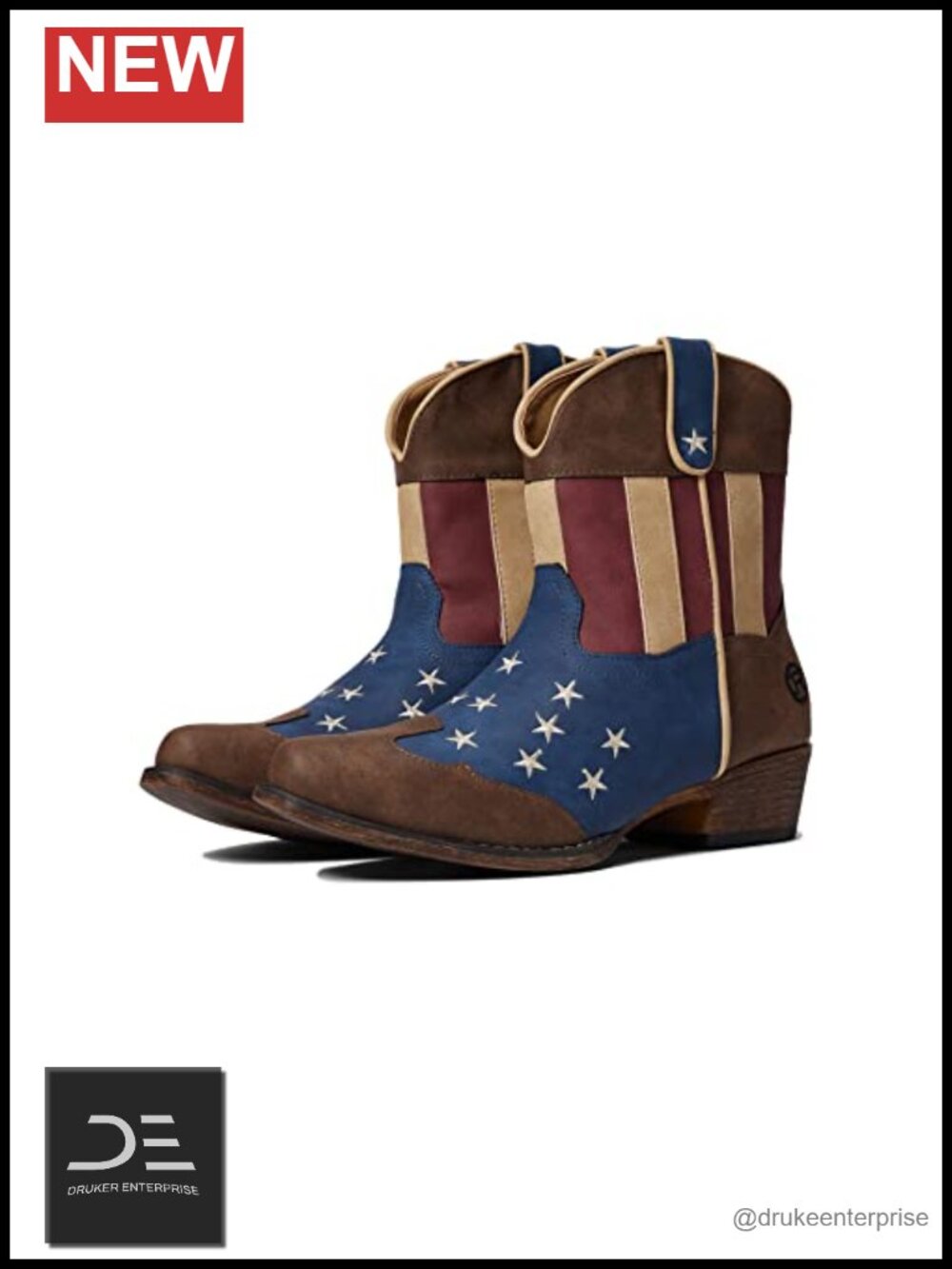 Western Snip Toe Pull-On Ankle Boots with Embroidered Stars and Stripes Faux